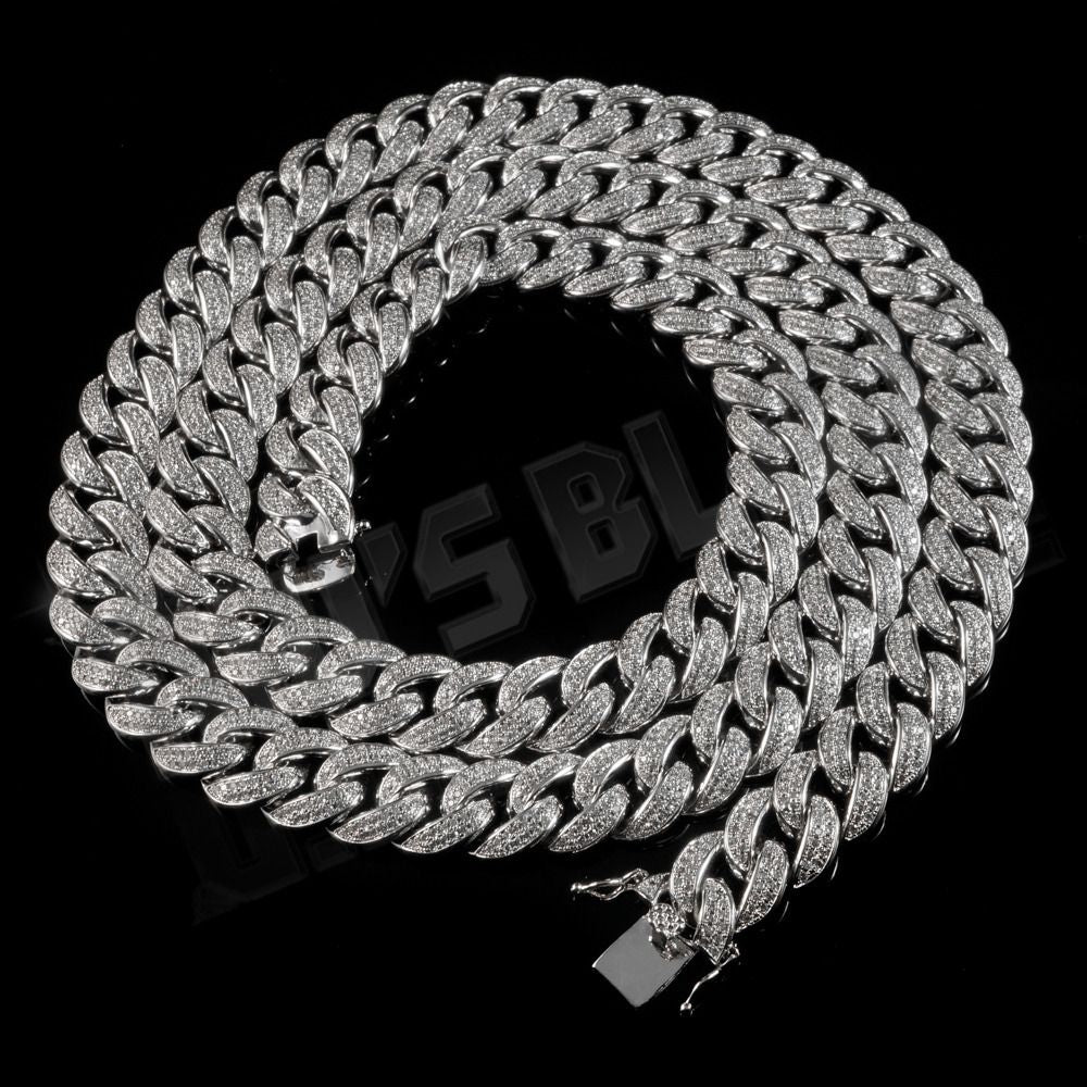 15mm Diamond 2 Row Miami Cuban Link Chain in White Gold