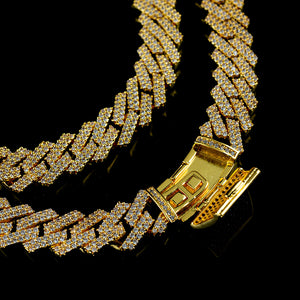 13mm Diamond Prong Set Cuban Chain in Yellow Gold
