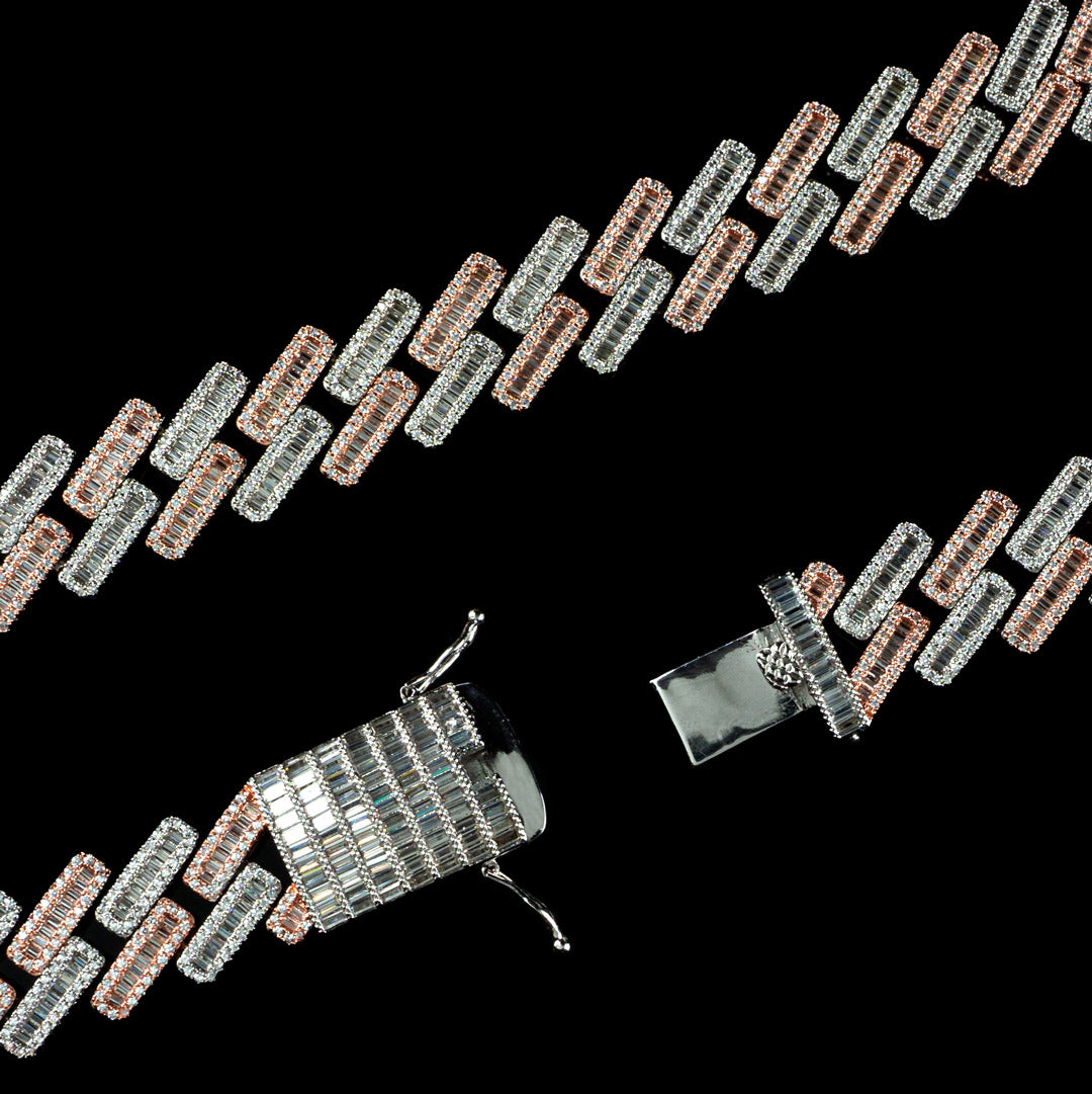 19mm Diamond Baguette Cuban Bracelet in Two Tone Rose Gold and White Gold