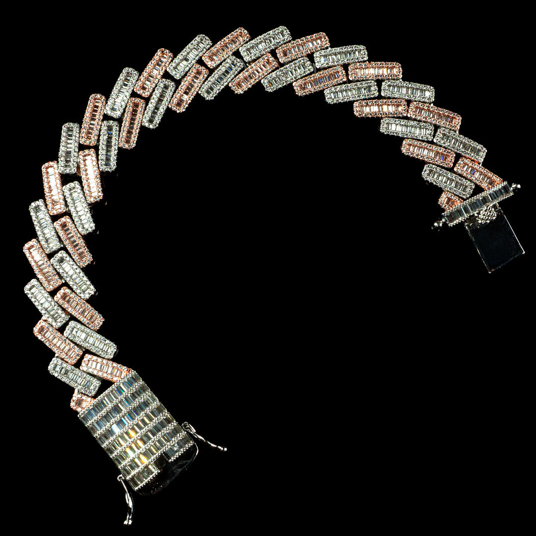 19mm Diamond Baguette Cuban Bracelet in Two Tone Rose Gold and White Gold