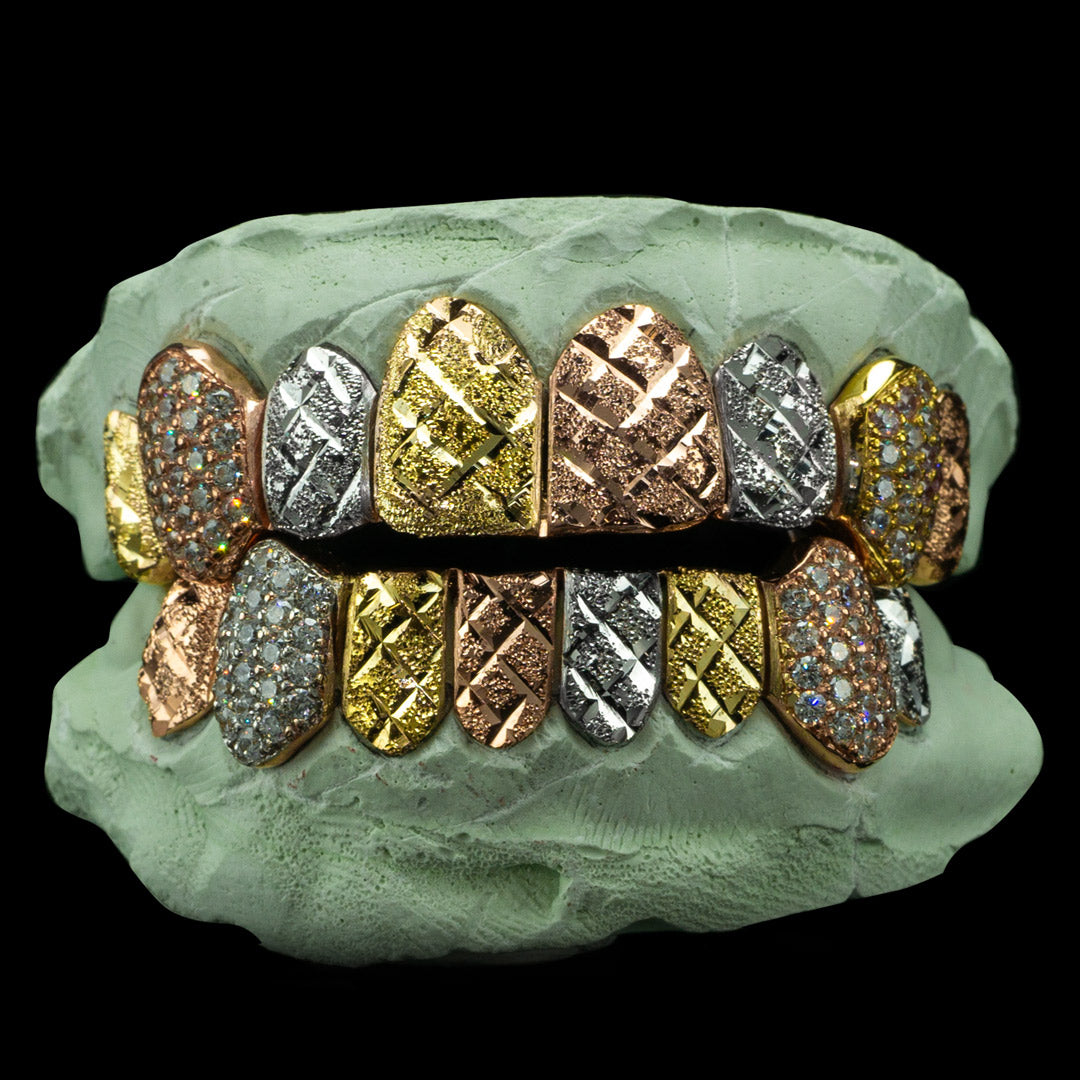 Tri-Color Diamond Cut &amp; Diamond Dust with Iced Fangs Grillz