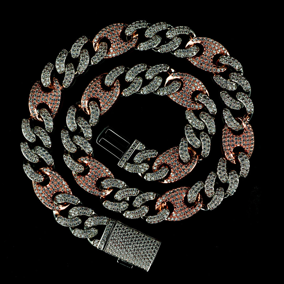 15mm/19mm Diamond Mariner Cuban Chain in Two Tone Rose Gold and White Gold