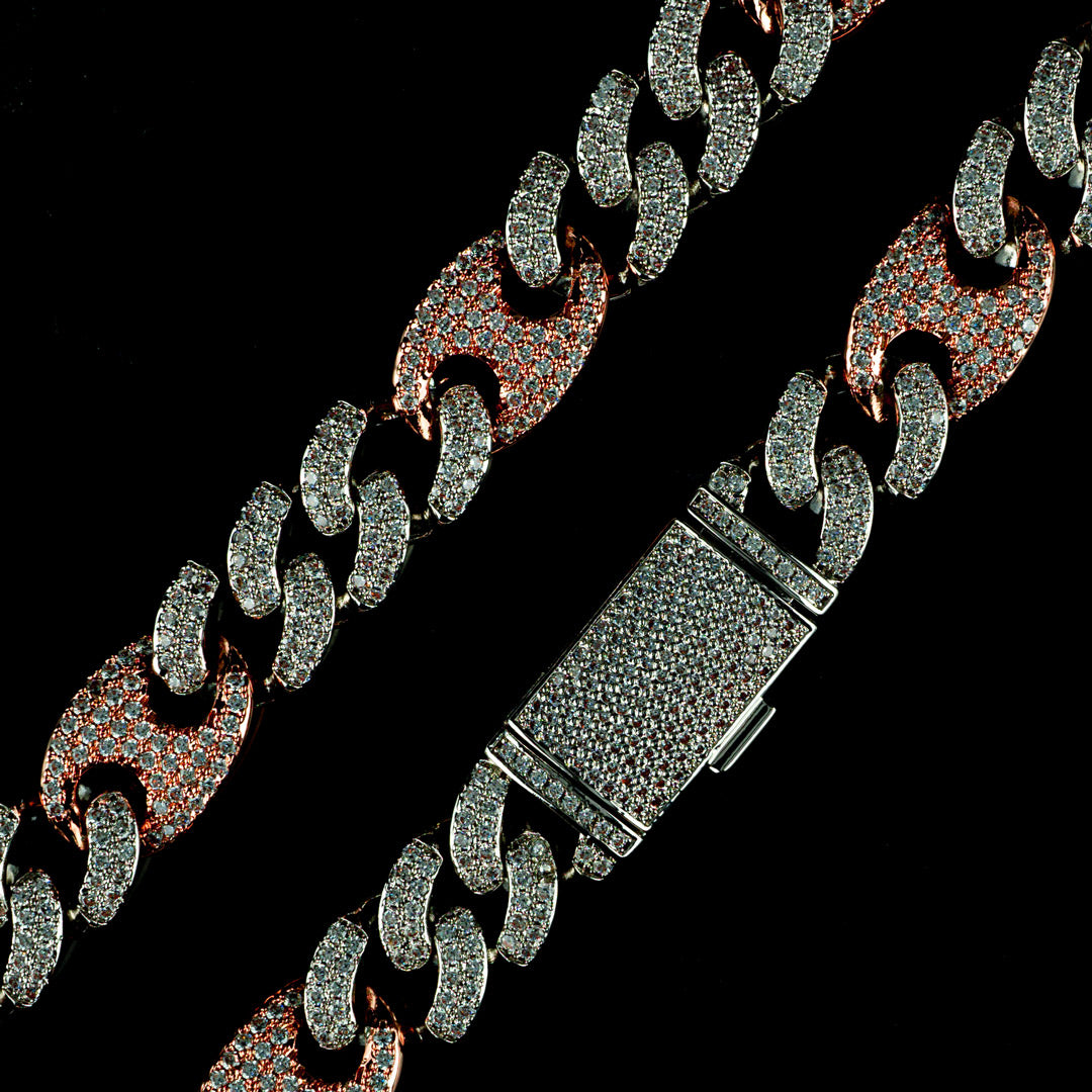 15mm/19mm Diamond Mariner Cuban Chain in Two Tone Rose Gold and White Gold