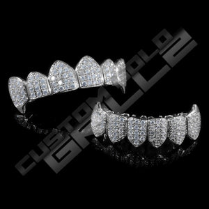 White Gold Plated Fanged CZ Cluster Premium Grillz Instantly-Made Top and Bottom View