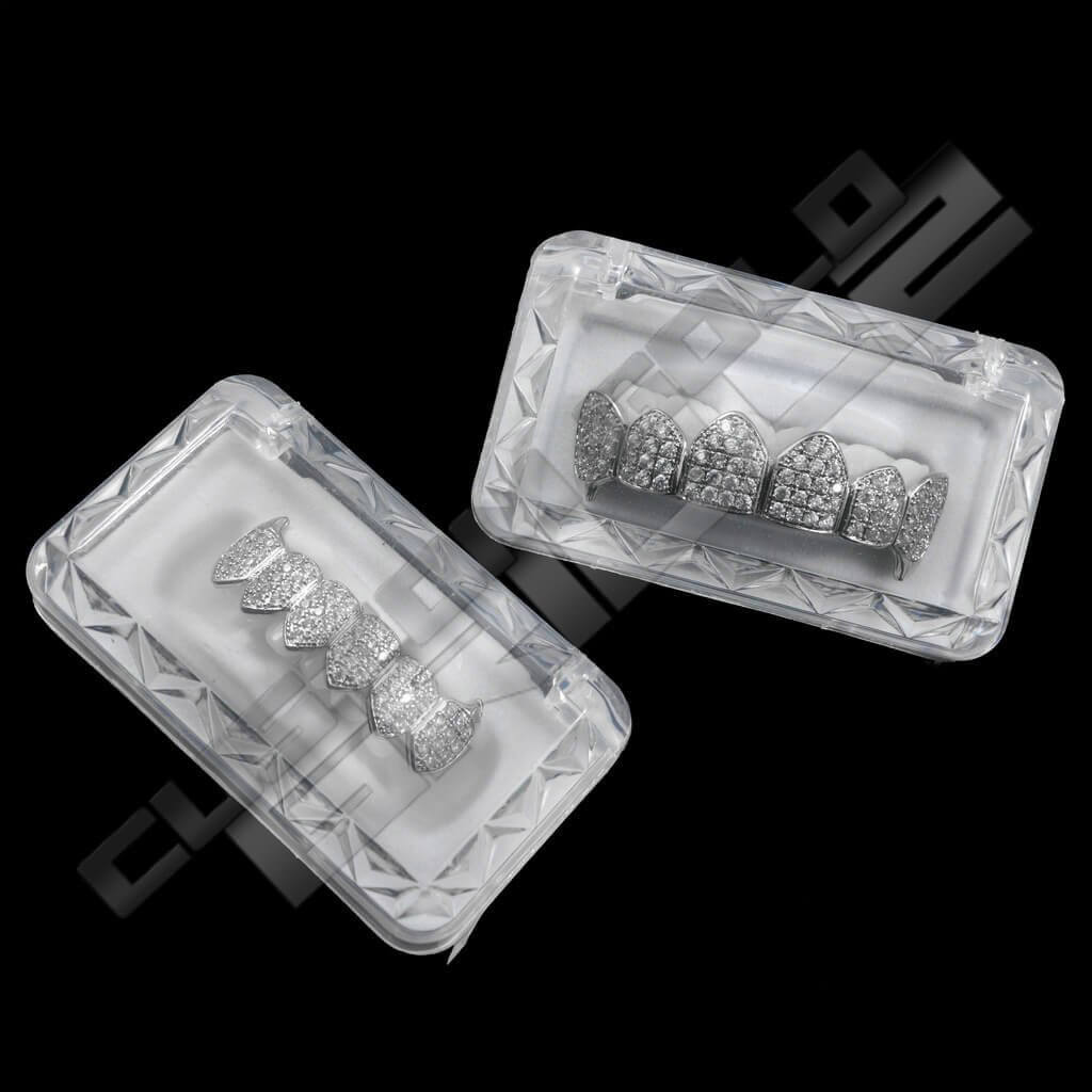 White Gold Plated Fanged CZ Cluster Premium Grillz Instantly-Made with Box