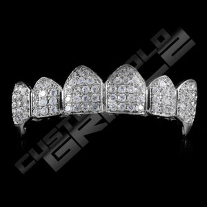 White Gold Plated Fanged CZ Cluster Premium Grillz Instantly-Made Top Front View