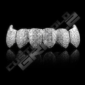 White Gold Plated Fanged CZ Cluster Premium Grillz Instantly-Made Bottom Front View