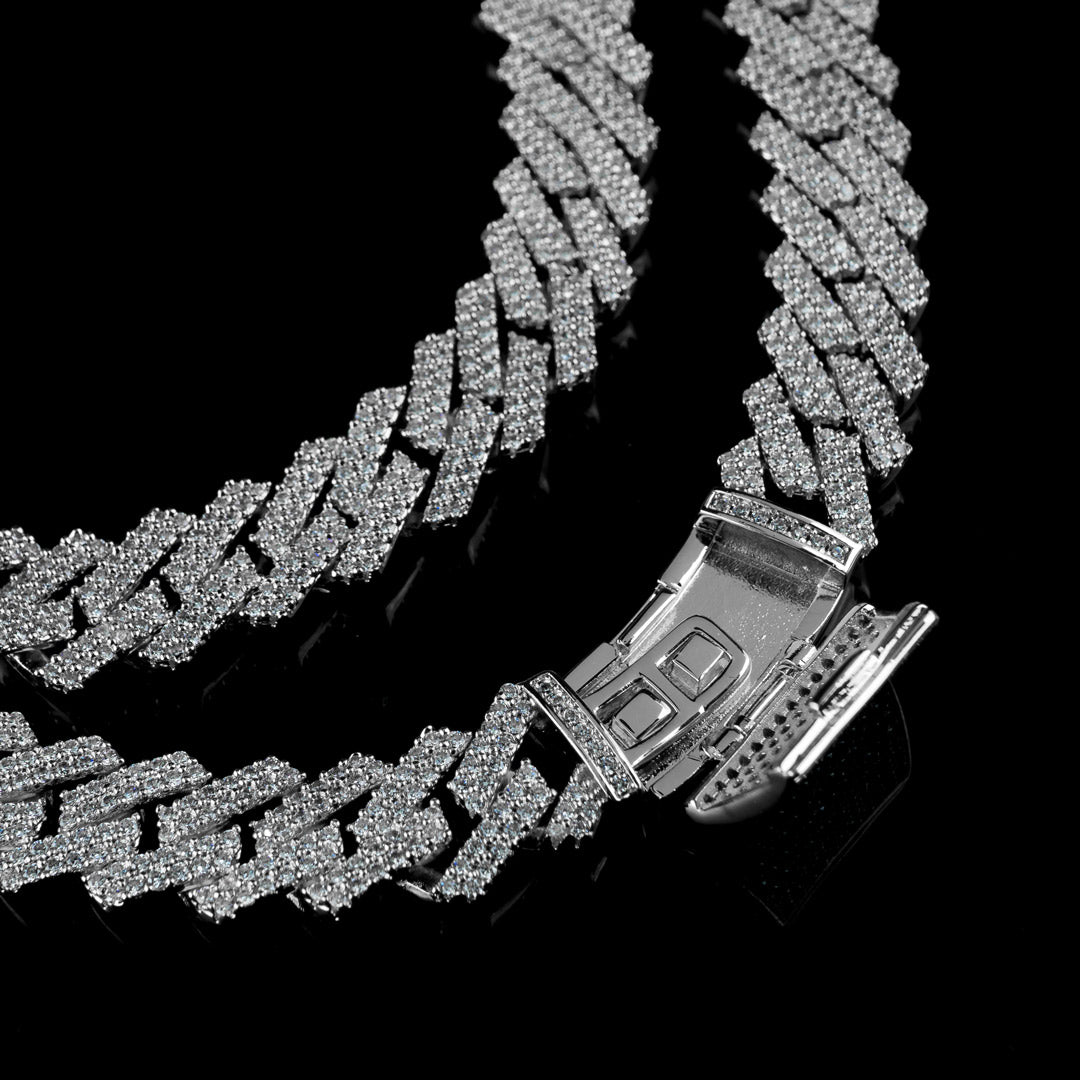 13mm Diamond Prong Set Cuban Chain in Solid Sterling Silver