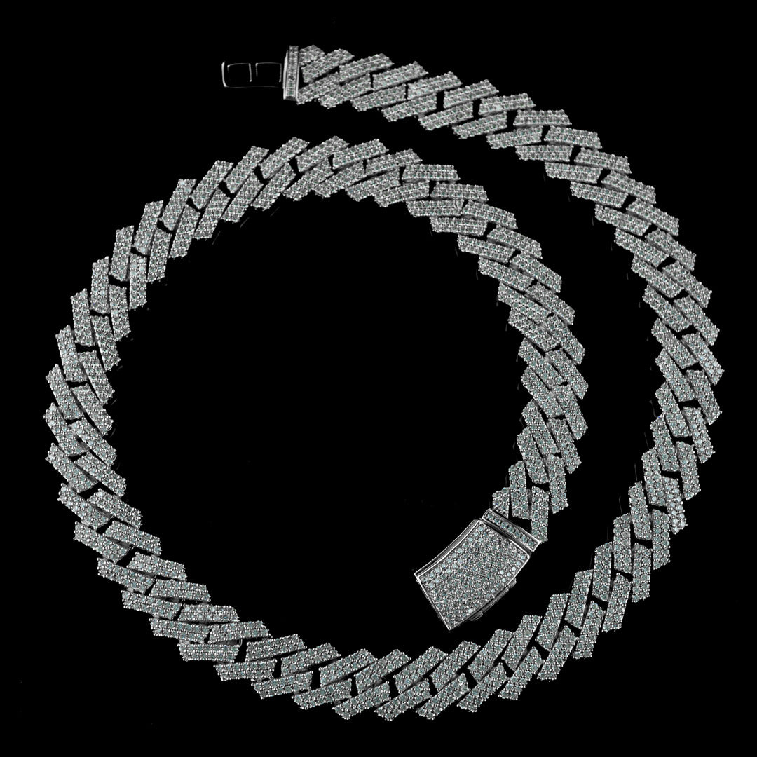 13mm Diamond Prong Set Cuban Chain in Solid Sterling Silver