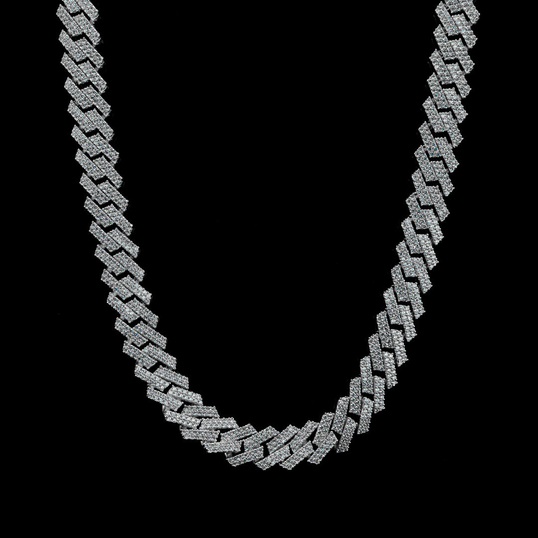 13mm Diamond Prong Set Cuban Chain in Solid Sterling Silver