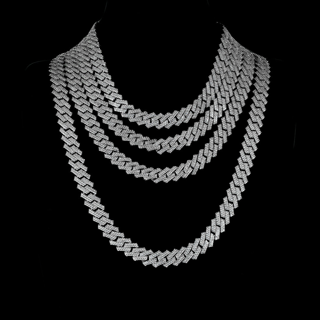 13mm Diamond Prong Set Cuban Chain in Solid Sterling Silver