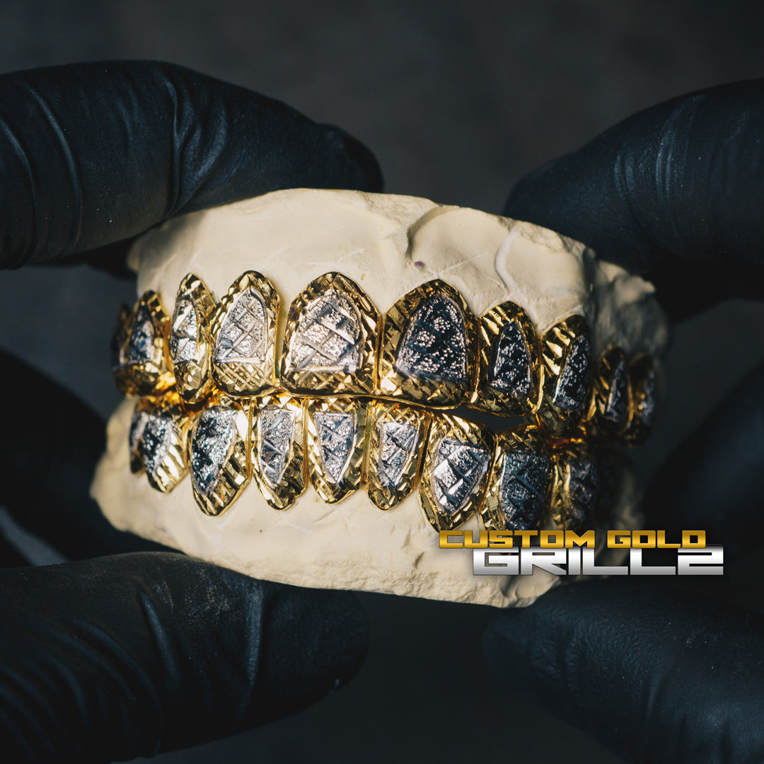 Solid Two Tone Gold Diamond Cut with Diamond Dust Grillz