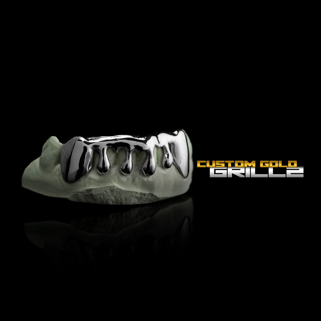 Solid Sterling Silver Custom-Made Drip Grillz including Logo on Creative Background
