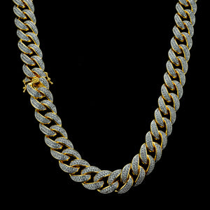 15mm Diamond 2 Row Miami Cuban Link Chain in Yellow Gold