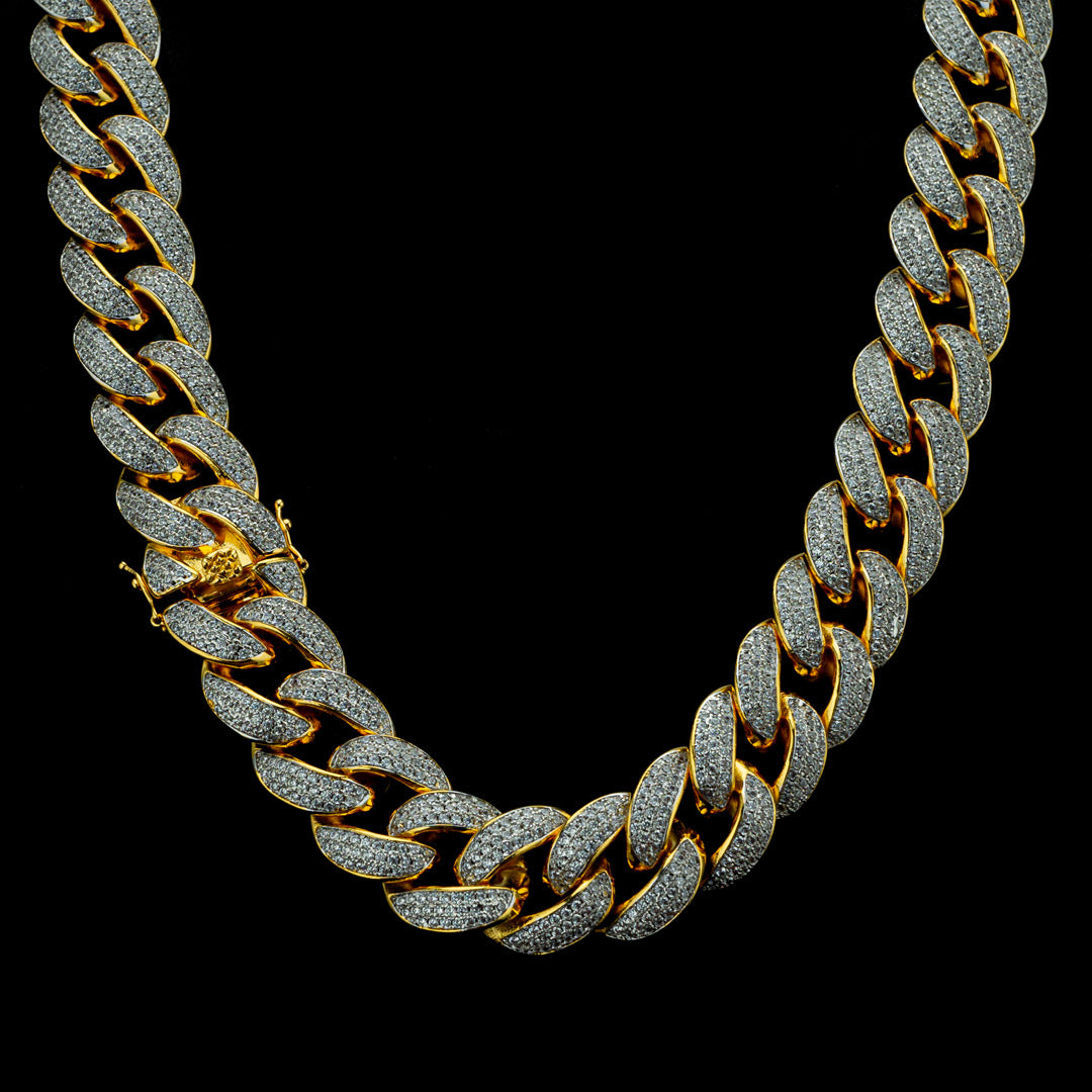 18mm Diamond 3 Row Miami Cuban Link Chain in Yellow Gold