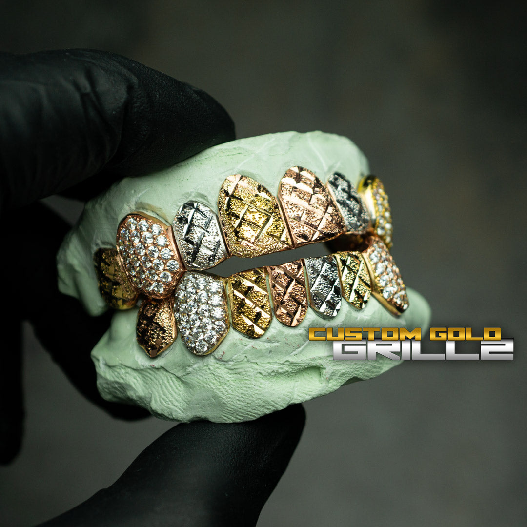 Tri-Color Diamond Cut & Diamond Dust with Iced Fangs Grillz