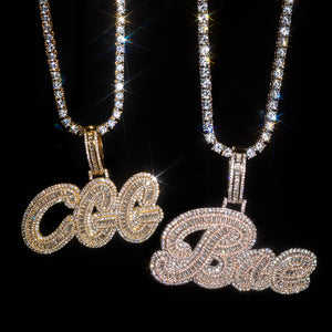 Custom Iced Cursive Baguette Letter Pendant