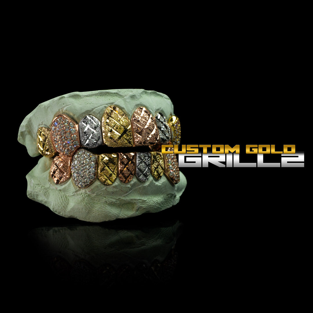 Tri-Color Diamond Cut &amp; Diamond Dust with Iced Fangs Grillz
