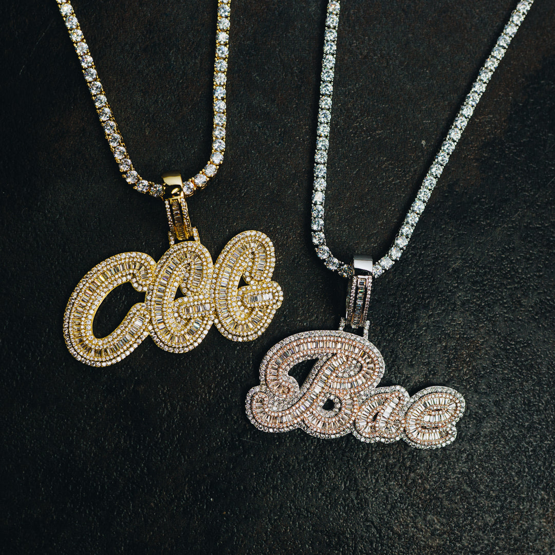 Custom Iced Cursive Baguette Letter Pendant