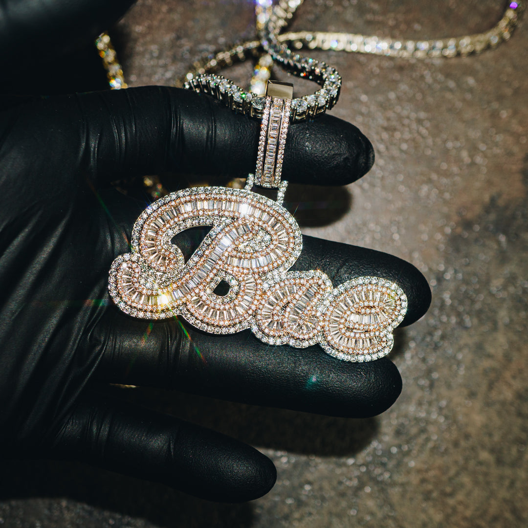 Custom Iced Cursive Baguette Letter Pendant