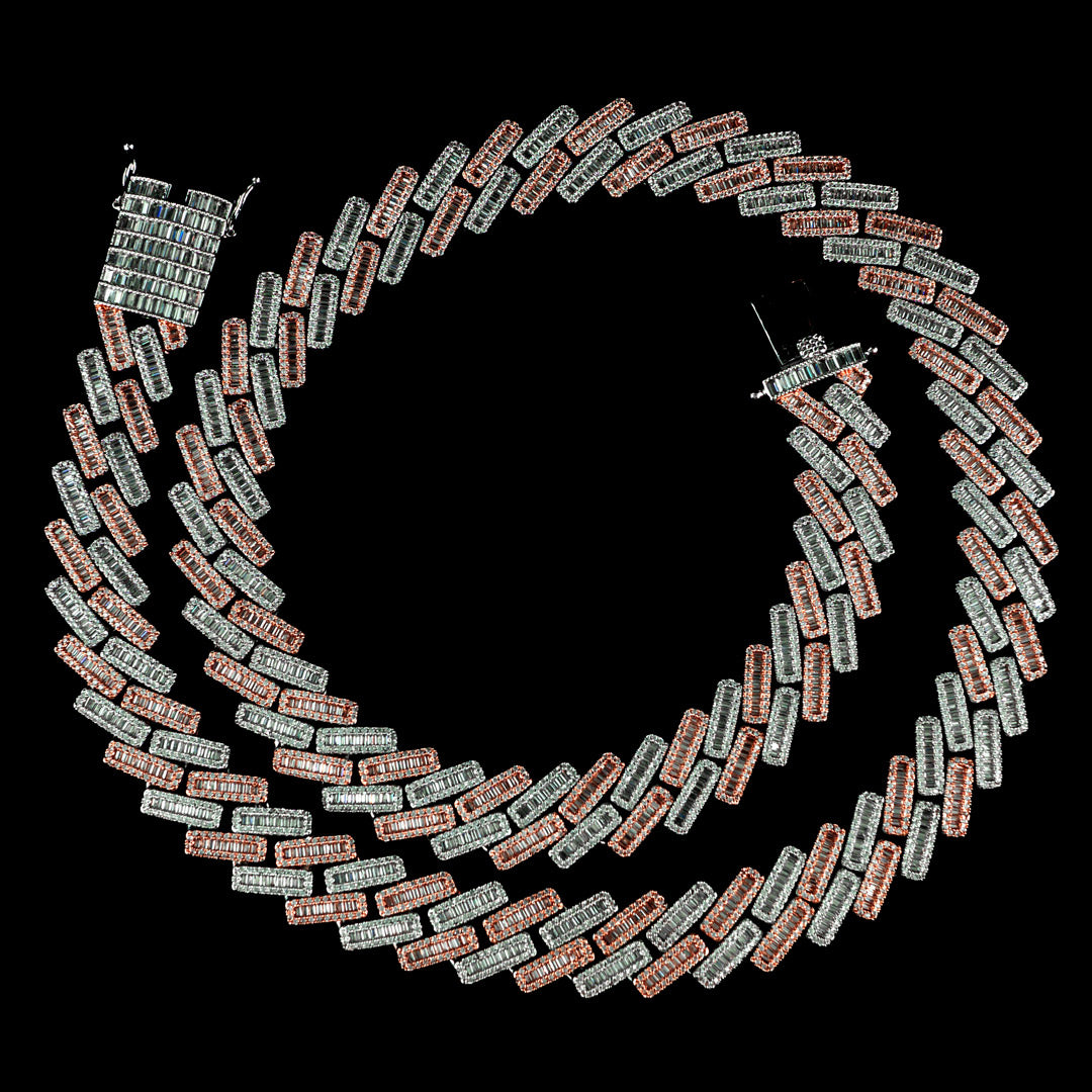 19mm Diamond Baguette Cuban Chain in Two Tone Rose Gold and White Gold