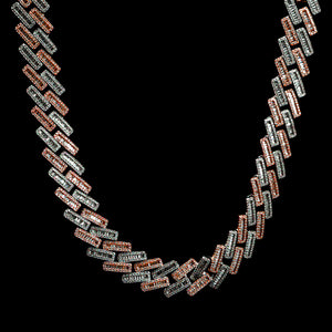 19mm Diamond Baguette Cuban Chain in Two Tone Rose Gold and White Gold
