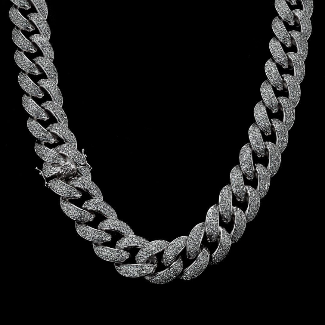 18mm Diamond 3 Row Miami Cuban Link Chain in White Gold
